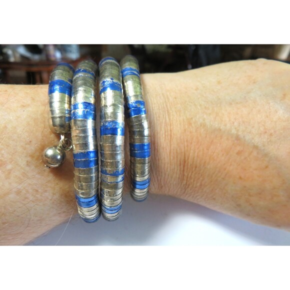 Vintage snake blue silver metal scales bead dangle wrap bracelet Adjustable - Picture 6 of 6